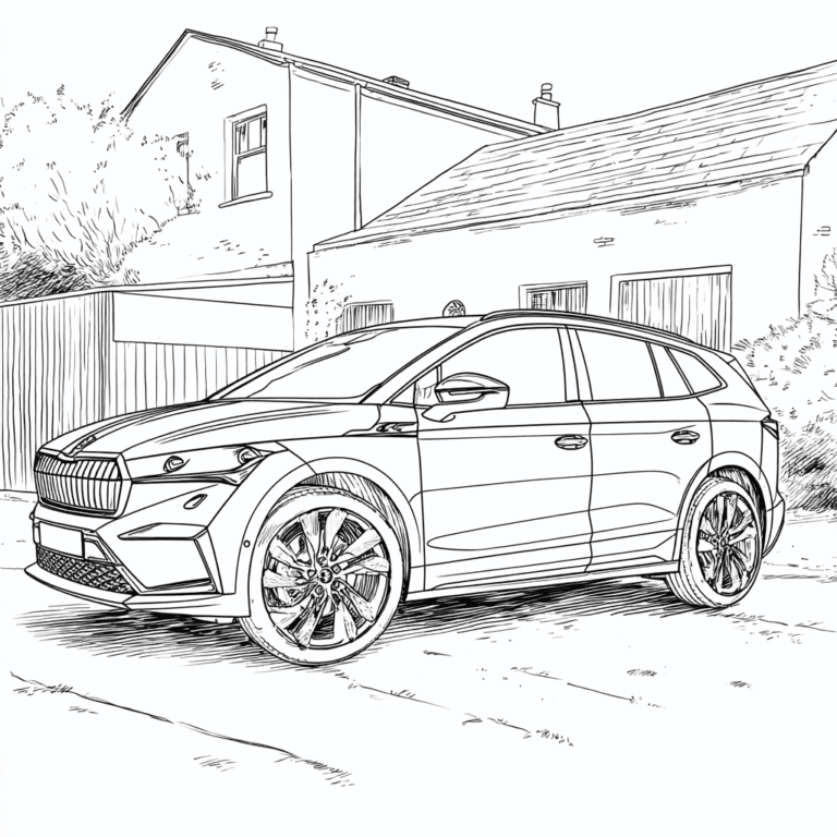 Damage to the Elroq in front of the house – colouring page