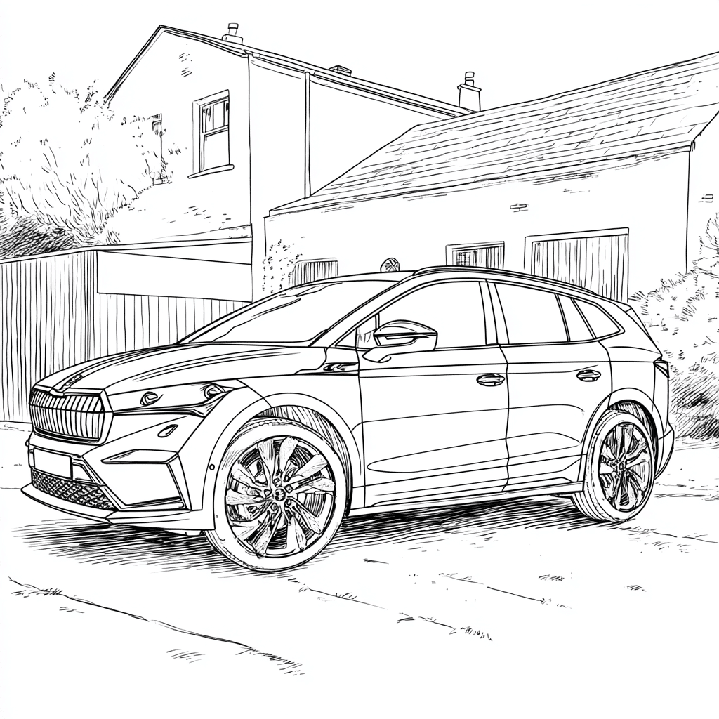 Damage to the Elroq in front of the house – colouring page