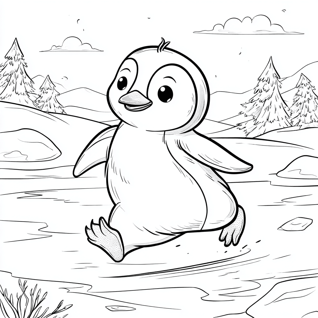 Pinguin läuft durch den Schnee – Malvorlage