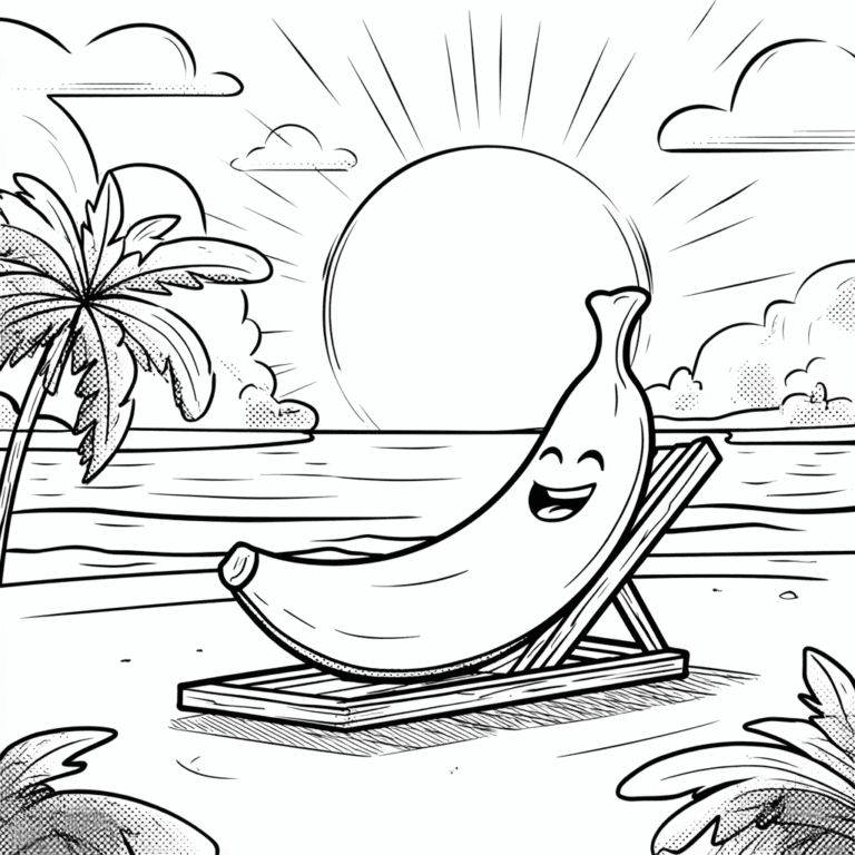 Banana leżąca na plaży – kolorowanka