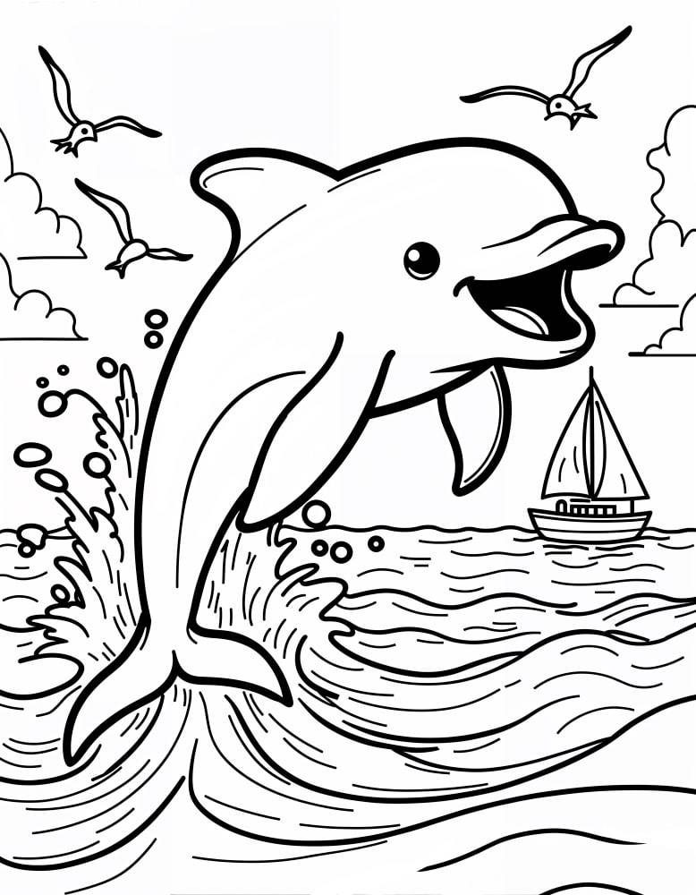 Delfin și barcă – fișă de colorat