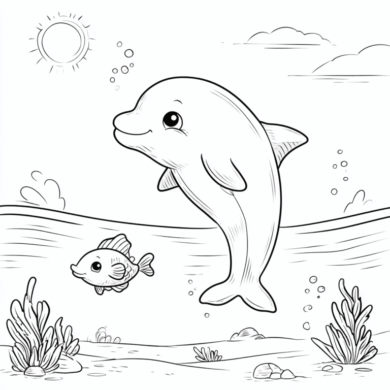 Delfin mit Fisch – Malvorlage