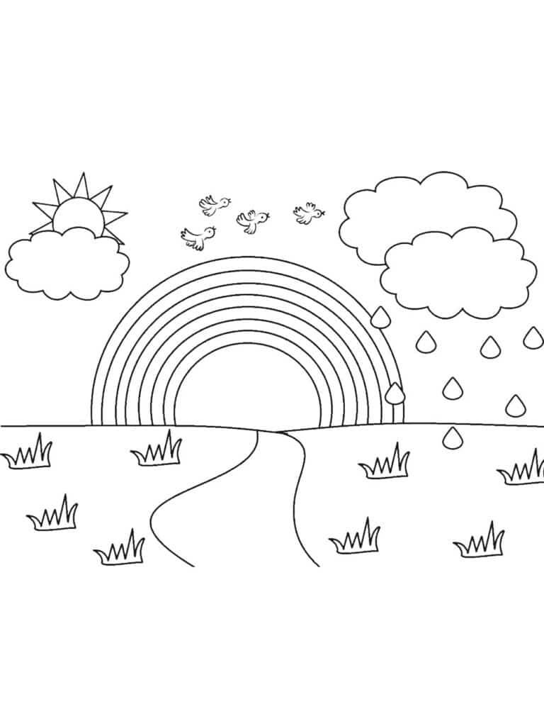Rainbow and birds – colouring page