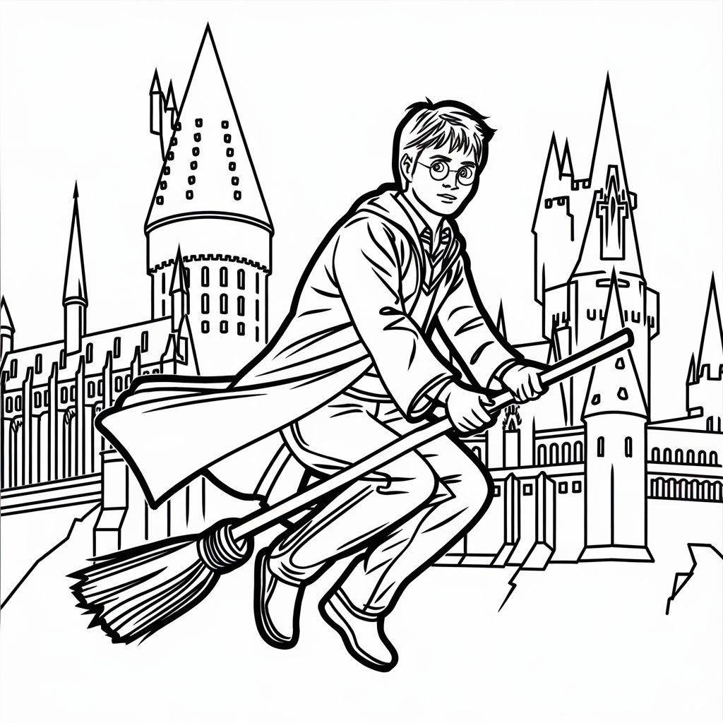 Harry Potter di atas sapu terbang di depan Hogwarts – halaman mewarnai
