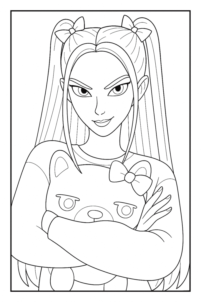 Huntrix Mira with teddy bear – colouring page