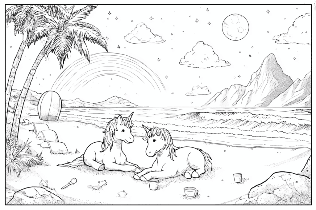 Unicorn di pantai – halaman mewarnai
