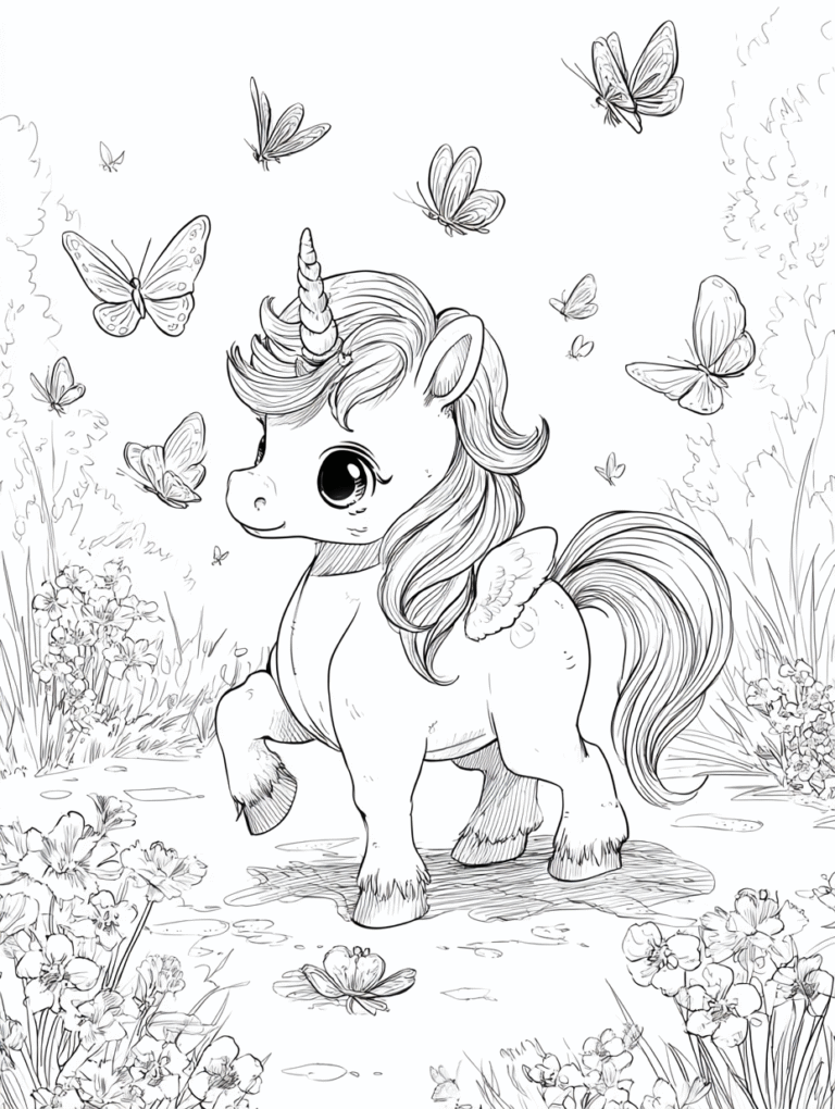 Unicorn di padang rumput dengan kupu-kupu – halaman mewarnai