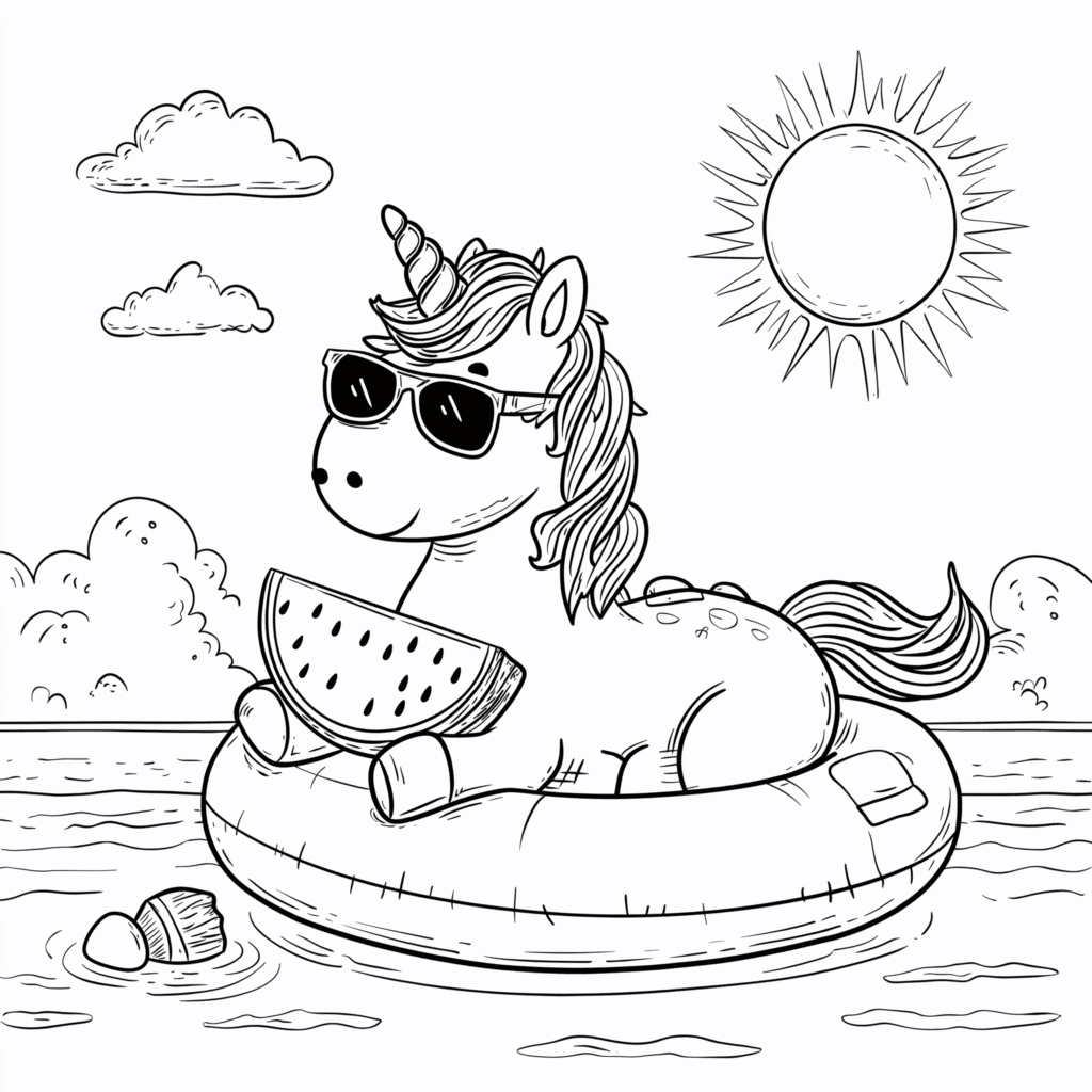 Unicorn pe un gonflabil cu un pepene verde – fișă de colorat