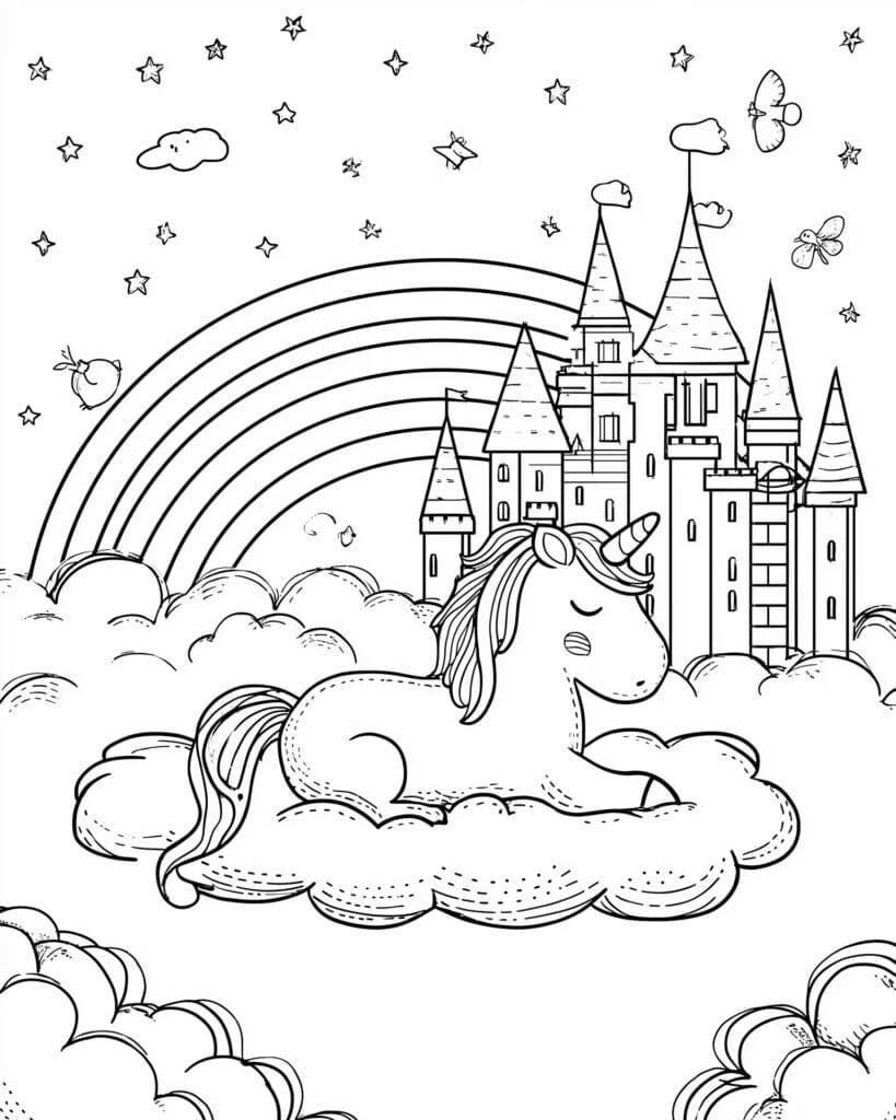 Unicorn on a cloud in front of a castle with a rainbow – colouring page