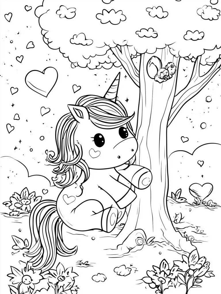 Unicorn di bawah pohon – halaman mewarnai