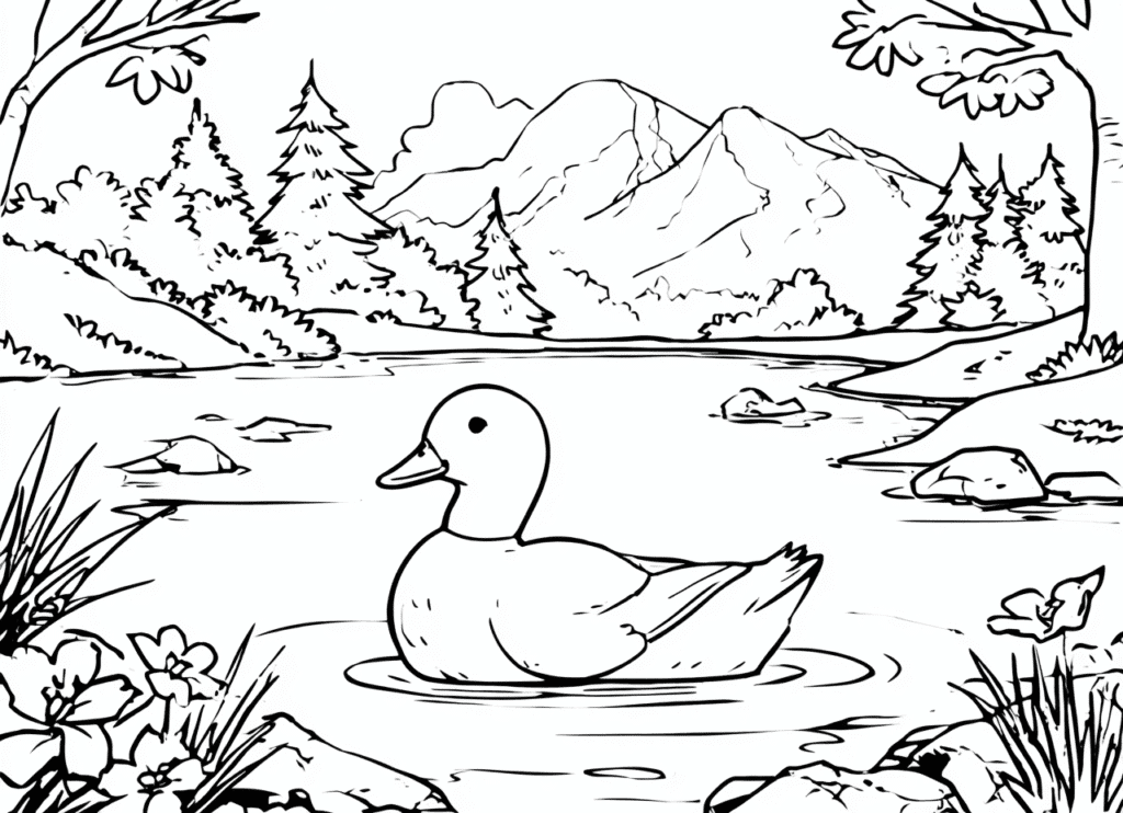 Duck in the pond – colouring page