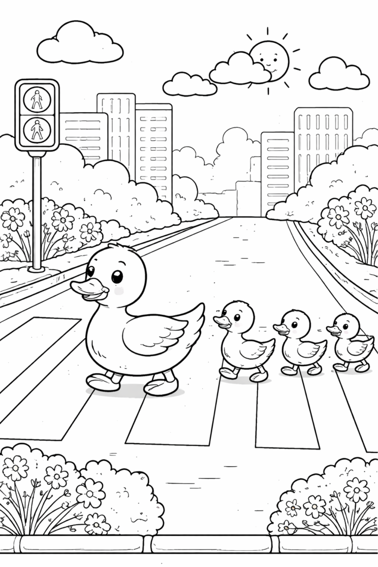 Little ducks are crossing the road – colouring page