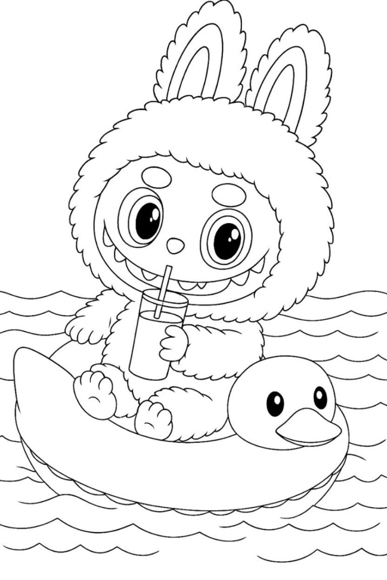 Labubu na moři na nafukovací matraci – omalovánka