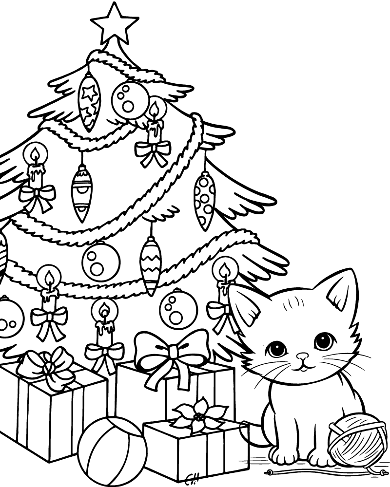 O Gato e a Árvore de Natal – desenho para colorir