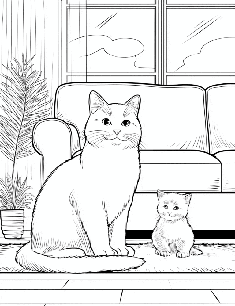 Cat with kitten – colouring page
