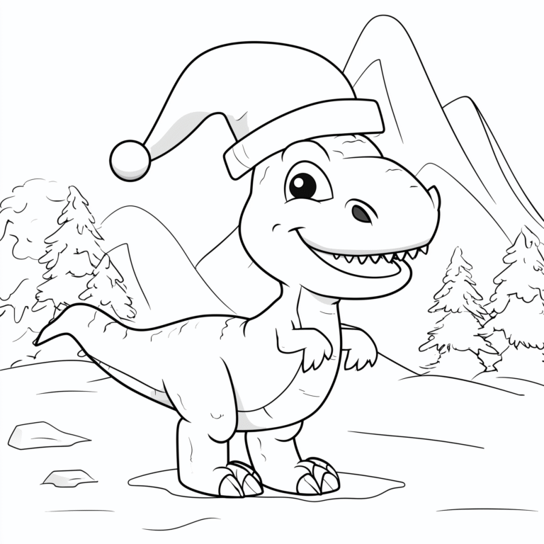 Little T-Rex dinosaur in the snow – colouring page