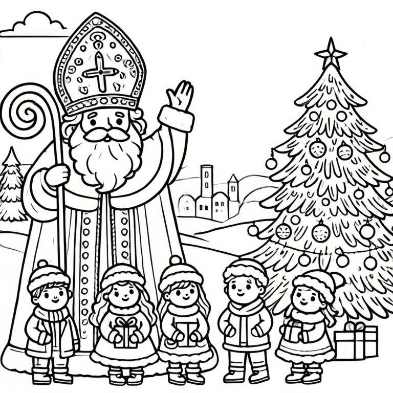 Nikolaus, Kinder und Weihnachtsbaum – Malvorlage