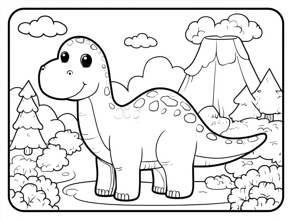 Simpatičen dinozaver pred vulkanom – pobarvanka