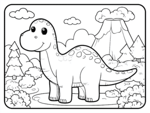 Milý dinosaurus pred sopkou – omaľovánka na tlač zdarma
