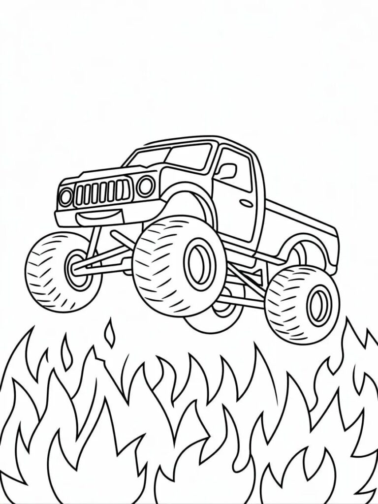 Caminhão monstro salta sobre o fogo – desenho para colorir