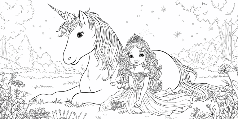 Putri di padang rumput dengan unicorn – halaman mewarnai
