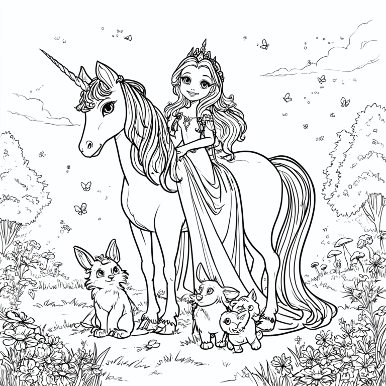 Princesa em um unicórnio e animais – desenho para colorir