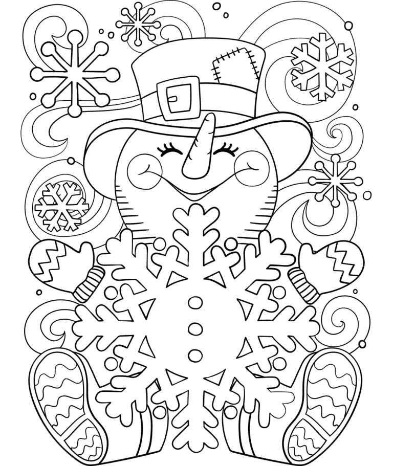 Schneemann mit Schneeflocke – Malvorlage