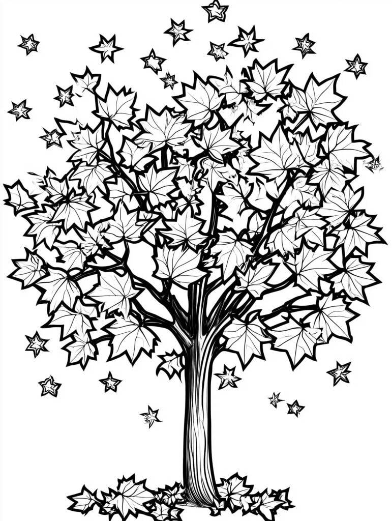 Árvore no outono e estrelas – desenho para colorir