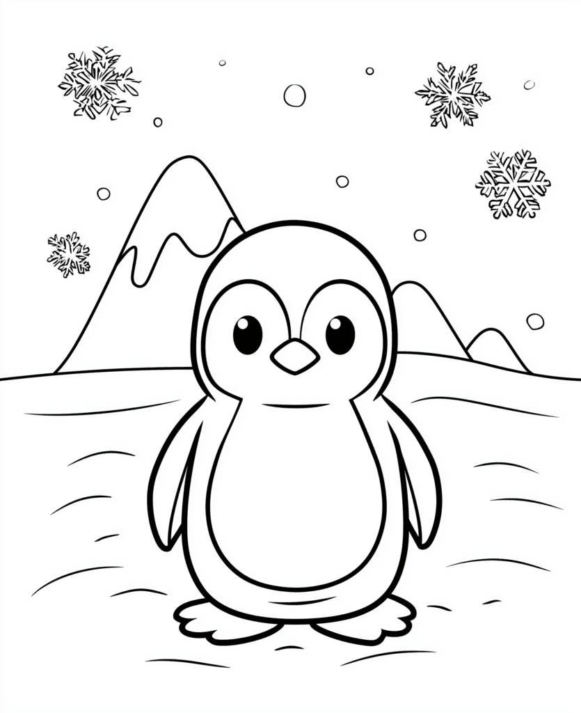 Pinguin dan musim dingin – halaman mewarnai