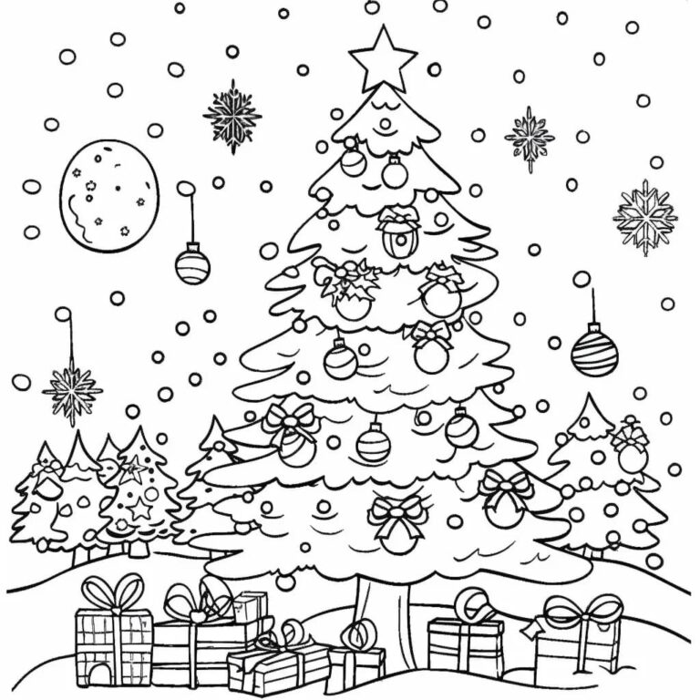 Christmas tree with gifts colouring page
