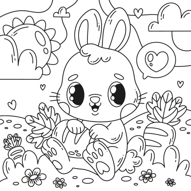 Rabbit sitting with a carrot – colouring page