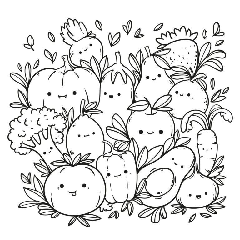 Legumes e frutas na relva – desenho para colorir
