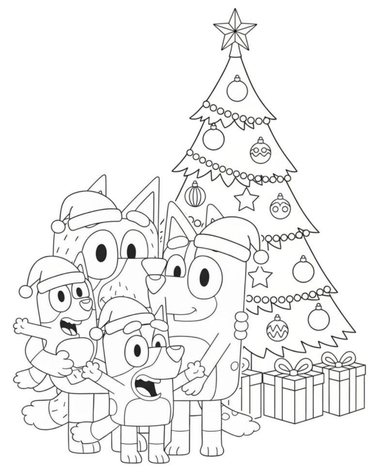 Bluey celá rodina pred stromčekom – fișă de colorat
