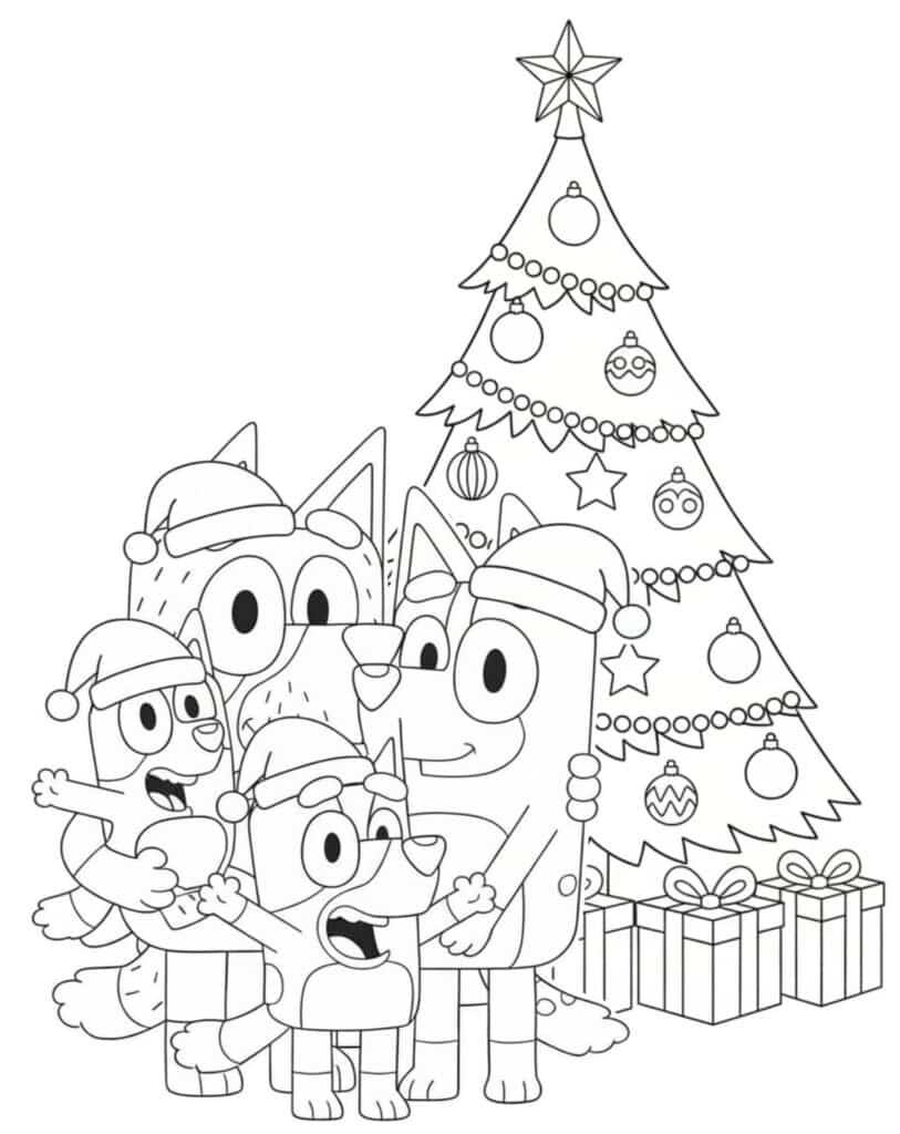 Bluey celá rodina pred stromčekom – fișă de colorat
