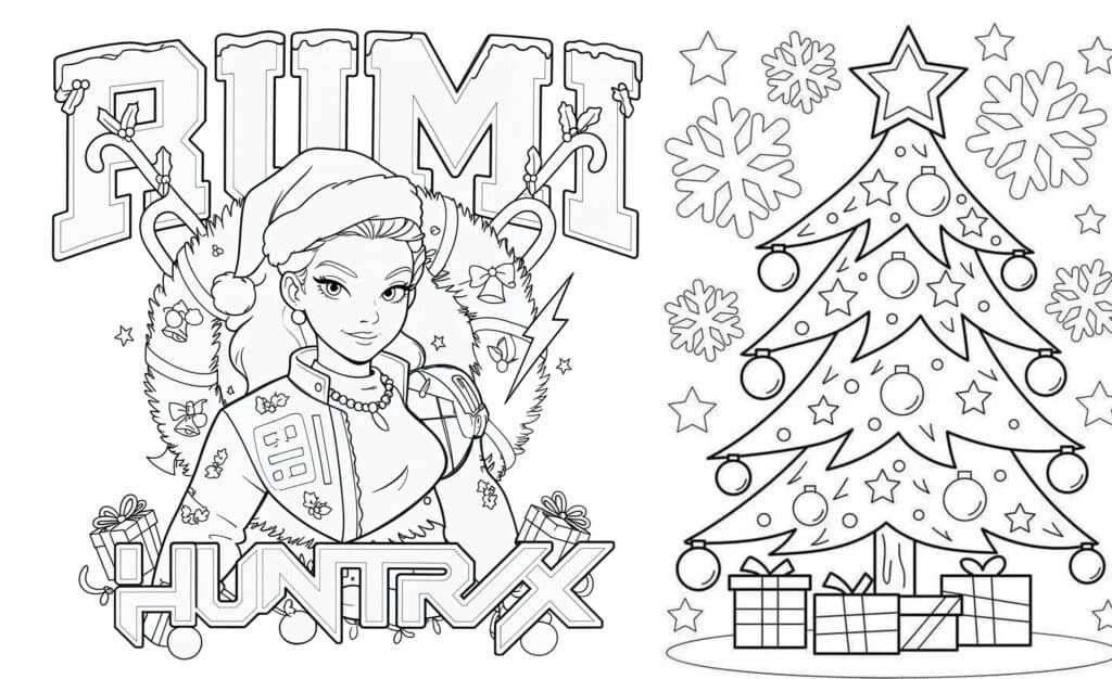 Huntrix rumi e a árvore de Natal – desenho para colorir
