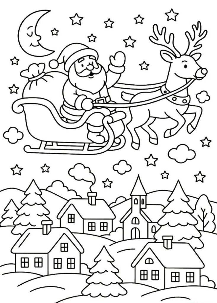 Santa Claus letí nad dedinou – omaľovánka