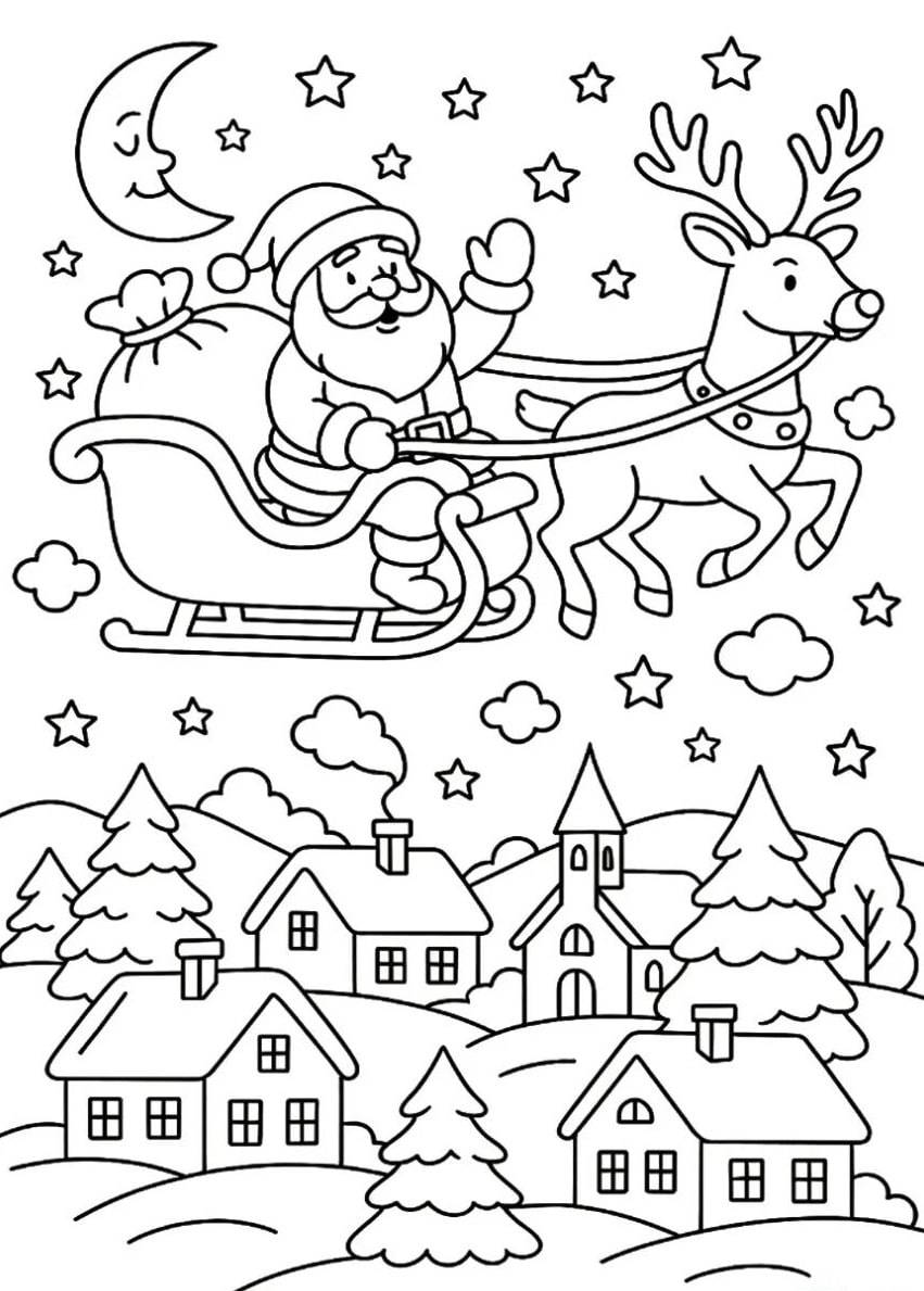 Papai Noel sobrevoa a vila – desenho para colorir