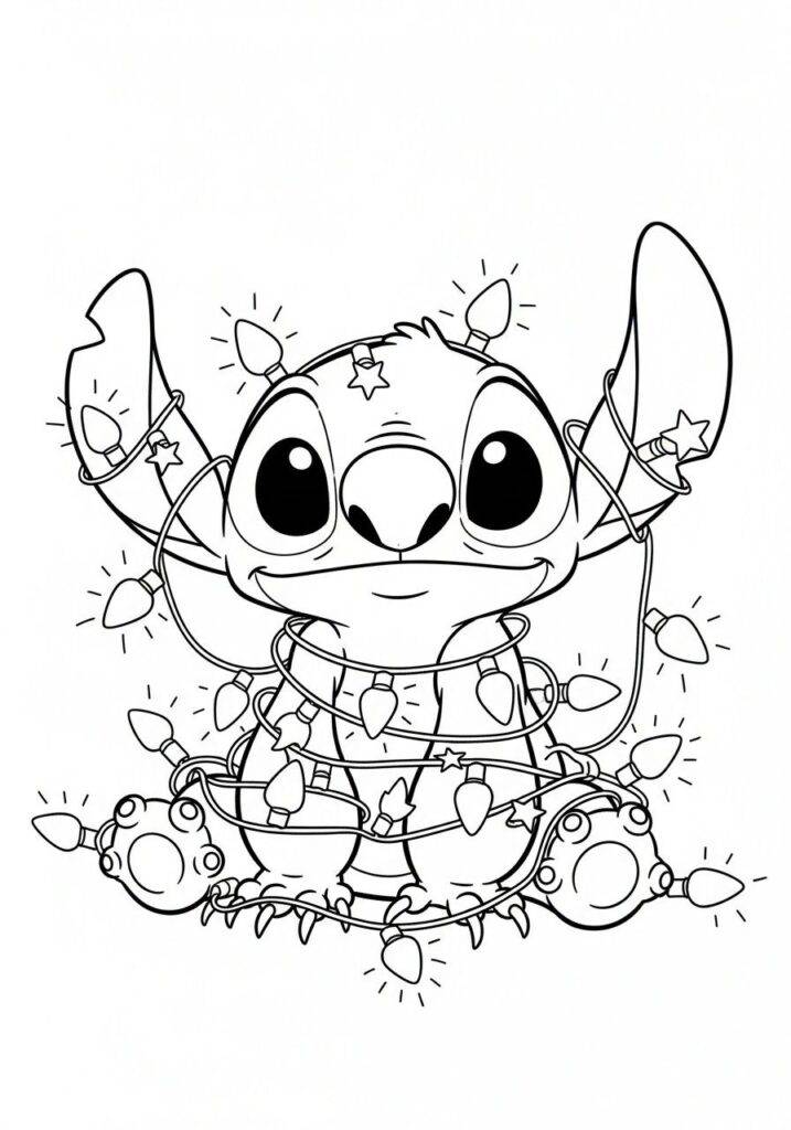 Stitch dan lampu Natal – halaman mewarnai