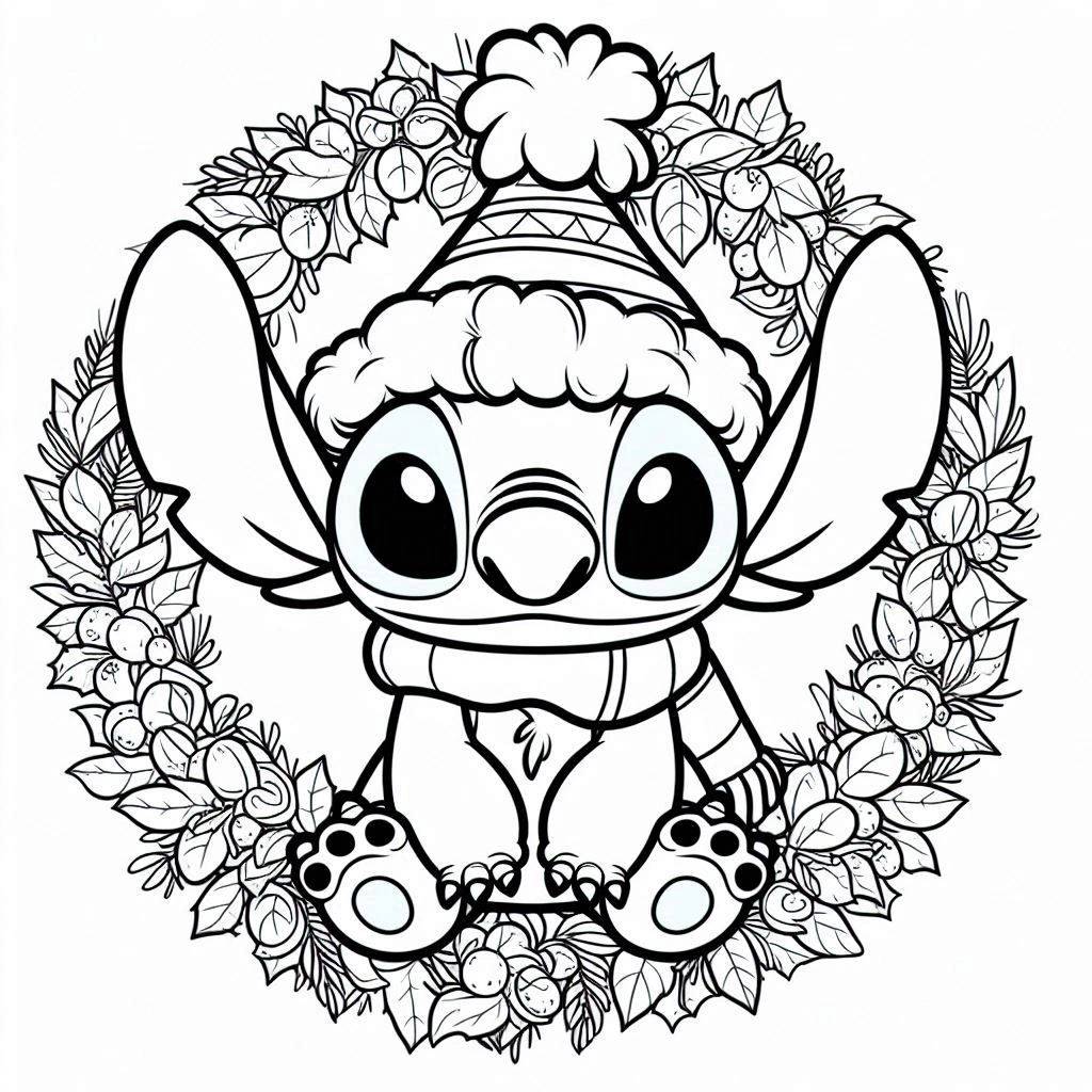 Stitch e a guirlanda de Natal – desenho para colorir