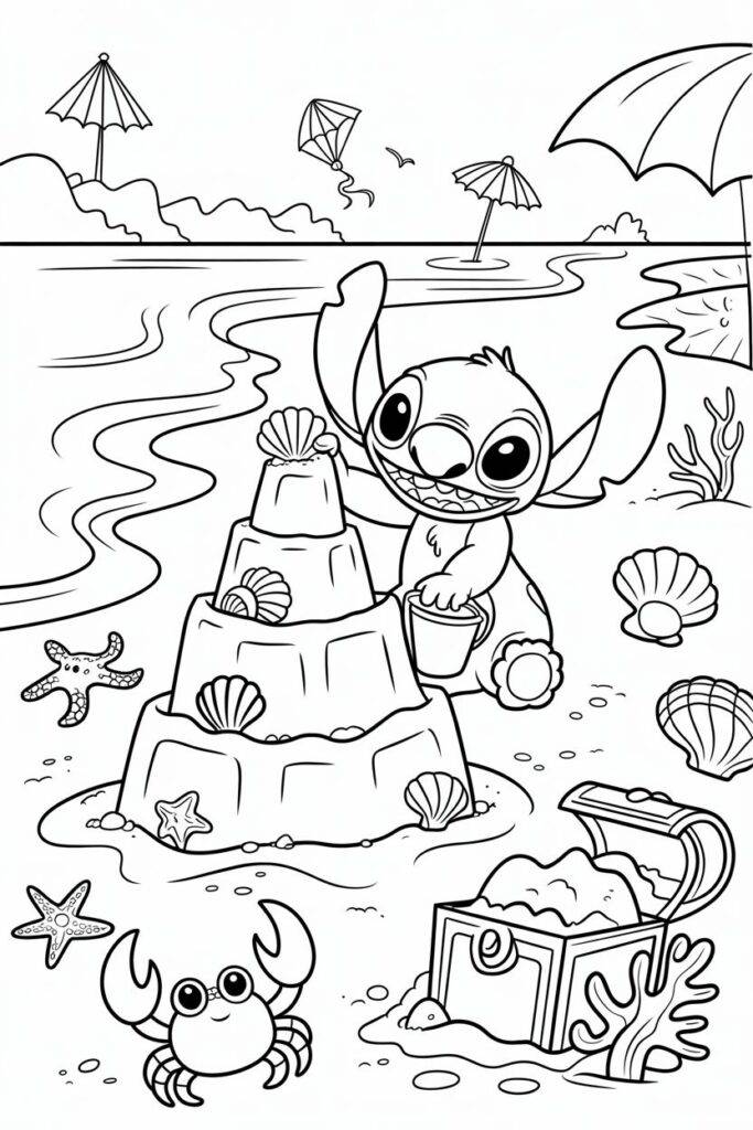 Stitch di pantai – halaman mewarnai