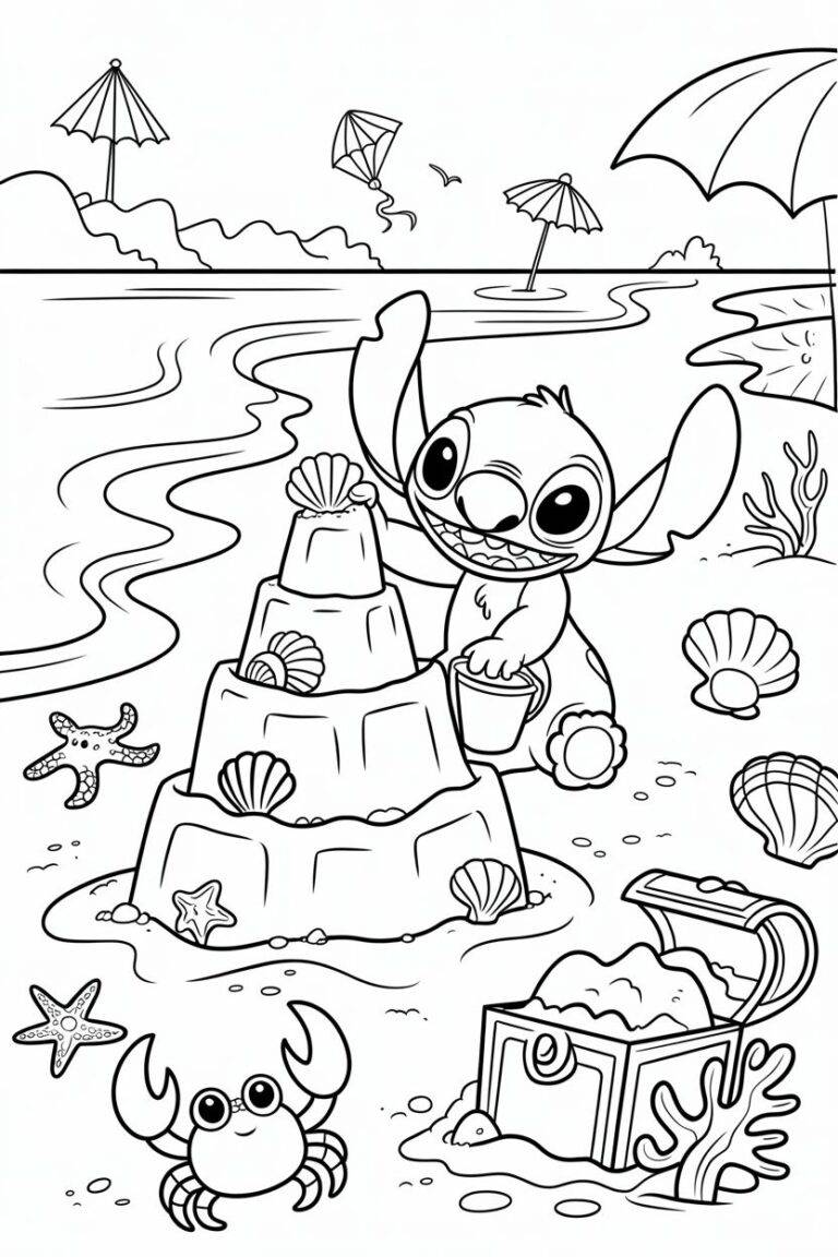 Stitch na pláži – fișă de colorat