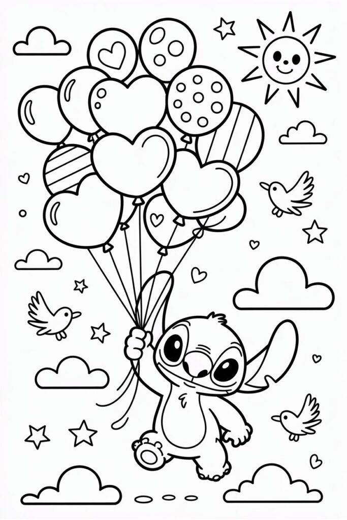 Stitch com balões – desenho para colorir