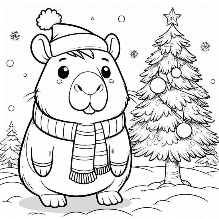 Capybara dan pohon Natal – halaman mewarnai