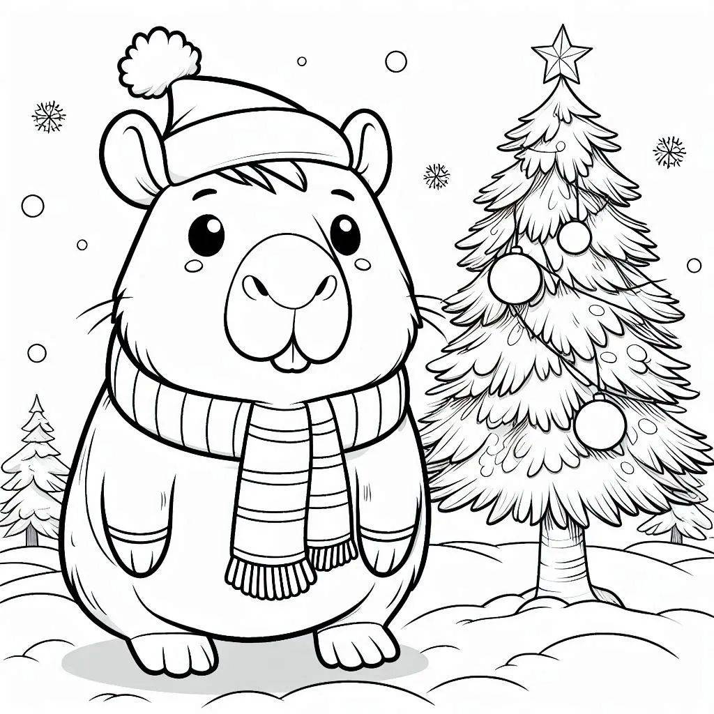 Capybara dan pohon Natal – halaman mewarnai