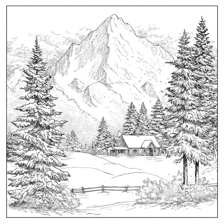 Casa sob as montanhas – desenho para colorir