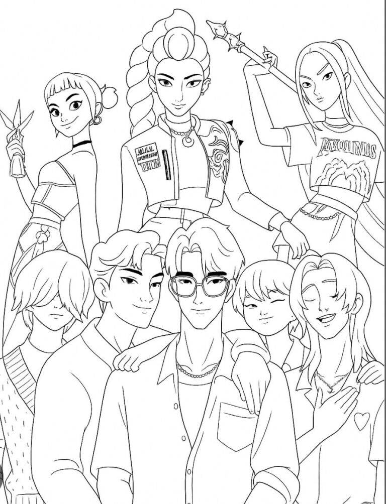 Huntrix and Saja Boys – colouring page