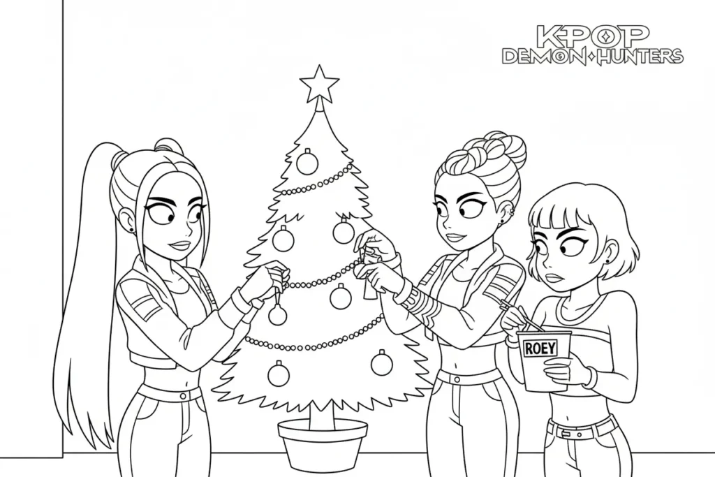 Huntrix, pemburu setan, menghiasi pohon Natal – halaman mewarnai