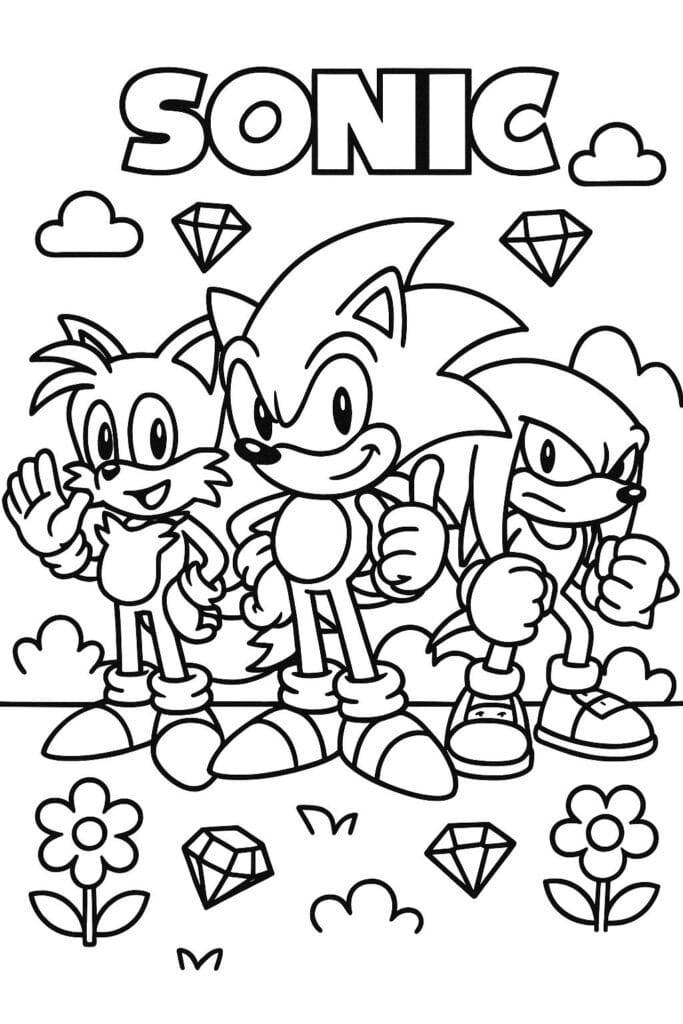 Hedgehog Sonic, Miles, Knuckles – colouring page