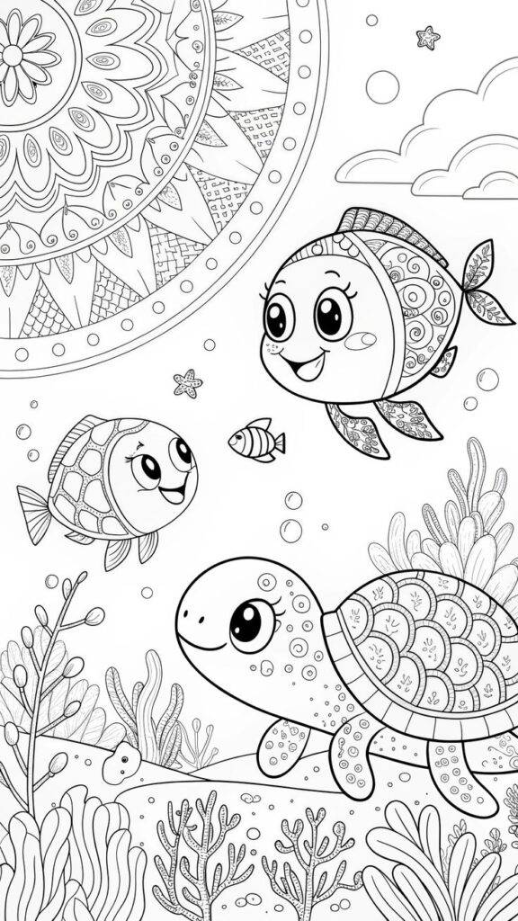 Kura-kura dan ikan – halaman mewarnai