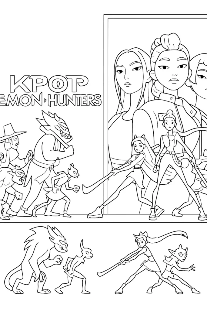 Kpop demon hunters bojujú proti démonom – colouring page